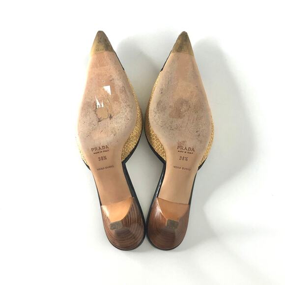 Prada Y2K Vintage Raffia Cap Toe Croc Emboss Kitten Heel Pointed Toe Mules 38.5 - Picture 11 of 13
